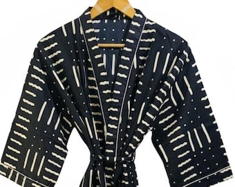 Handmade Cotton Wrap Robe, Black & White Mudcloth Print Loungewear