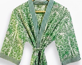 Handmade Green Floral Cotton Kimono Robe – Block Print Lounge Wear