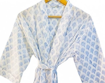 Handmade Blue & White Cotton Kimono Robe, Indian Block Print Dressing Gown, Boho Bridesmaid Gift, Summer Loungewear, Spa Robe