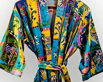 Levendige retro-overslagjurk met patchwork, gedurfde, tropisch geïnspireerde loungekleding met print, kleurrijke lengtegewaad