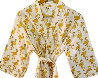 Handmade Cotton Kimono Robe – Flamingo Print Lounge Robe