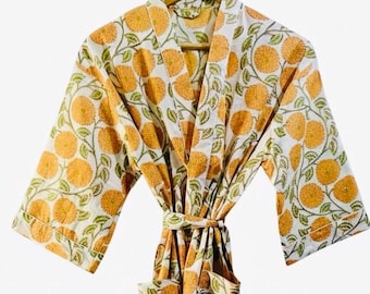 Yellow Floral Cotton Kimono Robe | Handmade Loungewear | Lightweight Boho Dressing Gown with Pockets