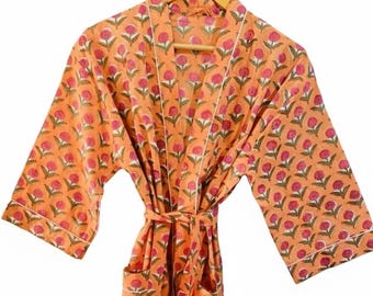 Floral Block Print Cotton Kimono Robe, Lightweight Lounge Wear