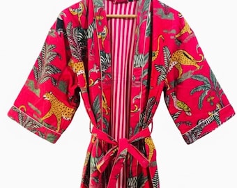 Red Velvet Wrap Robe, Jungle Inspired Print, Long Duster Style