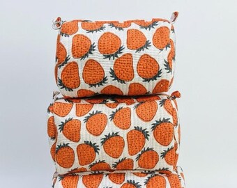 Quilted Cotton Toiletry Bag Set – Strawberry Print Cosmetic Pouches