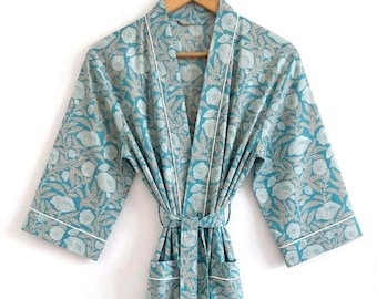 Blue Floral Cotton Kimono Robe, Hand Block Print, Lightweight Loungewear, Bridesmaid Robe
