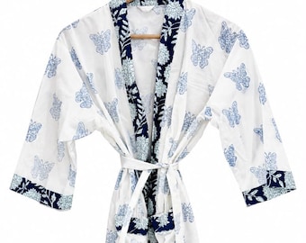 Handmade Indian Block Print Cotton Kimono Robe, Butterfly Floral Print, Lightweight Spa Dressing Gown