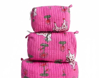 Quilted Toiletry Bag Set – Vintage Pink Floral Cosmetic Organizer