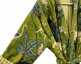 Green Velvet Wrap Robe for Women, Long Lounge Robe with Striped Lining, Winter Sleepwear