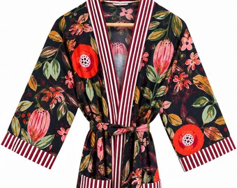 Black Floral Kimono Robe, Botanical Print, Striped Trim, Handmade Lounge Gown