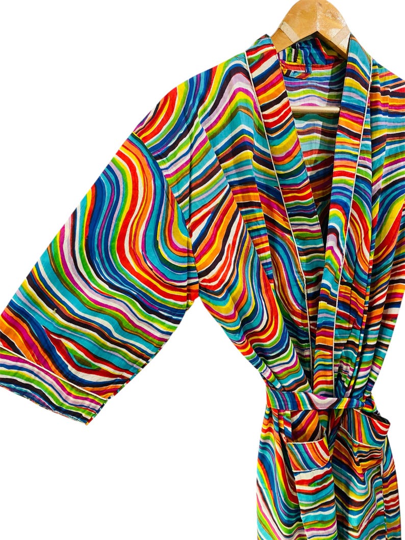Rainbow Stripe Cotton Wrap Robe, Relaxed Fit Loungewear - Etsy
