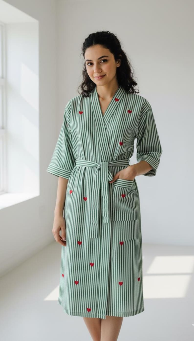 Striped Cotton Wrap Robe Hearts, Lightweight Loungewear - Etsy