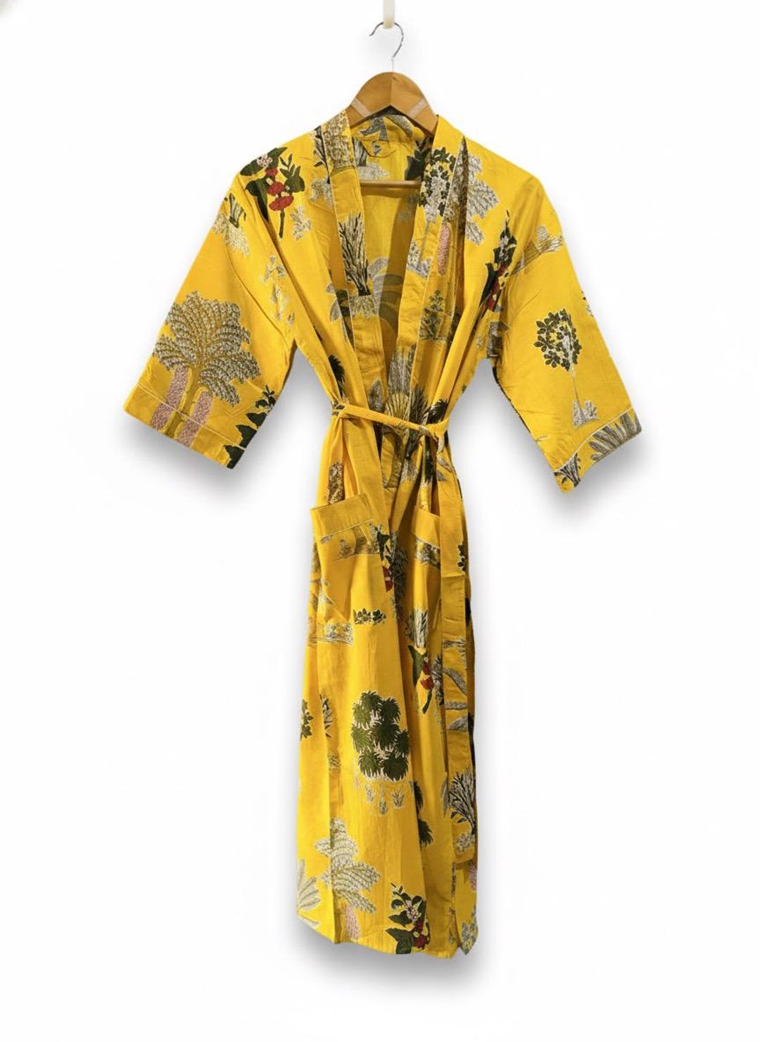 Yellow Cotton Wrap Robe, Tropical Palm Print Boho Loungewear - Etsy