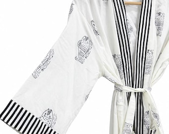 Handmade Ice Cream Print Cotton Kimono Robe, Black and White Striped Trim