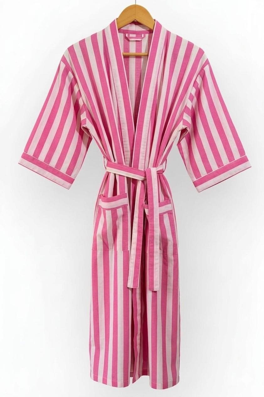 green and pink striped dressing gown Modern Striped Cotton Bathrobe Set | Bathroom Essentials main image 1