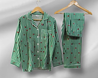 Green Striped Heart Pajamas | Soft Cotton Retro Sleepwear