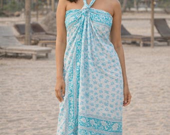 Hand Block Print Cotton Sarong, Blue Beach Pareo Wrap, Boho Resort Wear Cover Up