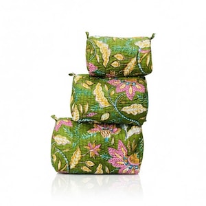 Green Floral Quilted Toiletry Bags | Set of 3, Block Print