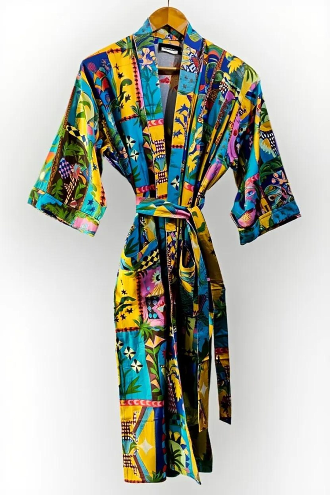 Vibrant Retro Patchwork Wrap Robe, Bold Tropical Inspired Print ...