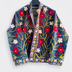Handmade Sujani Embroidered Velvet Jacket, Floral Boho Coat, Indian Artisan Festival Wear