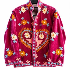 Handmade Pink Velvet Jacket, Sujani Floral Embroidery, Boho Festival Coat