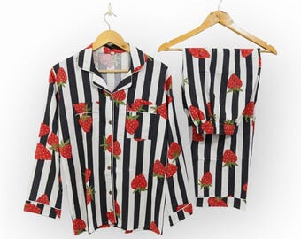 Strawberry Print Cotton Pajama Set, Retro Striped Sleepwear