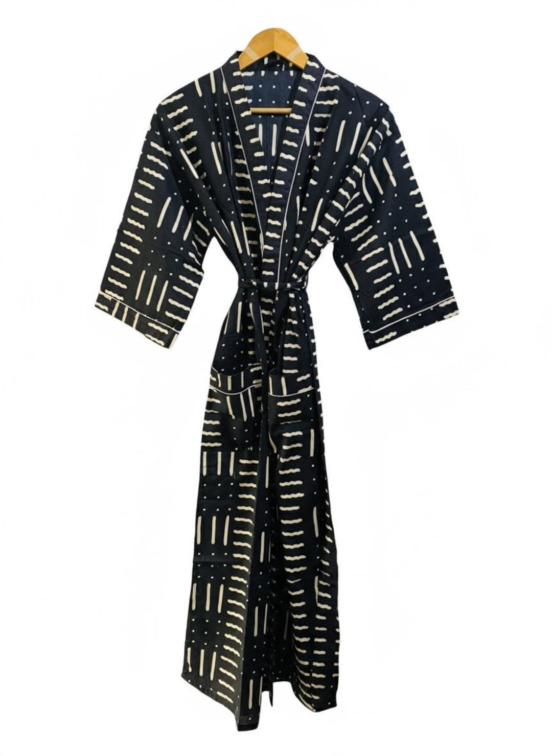 Hand Made Robe Handmade Cotton Wrap Robe, Black & White Mudcloth Print Loungewear - Etsy