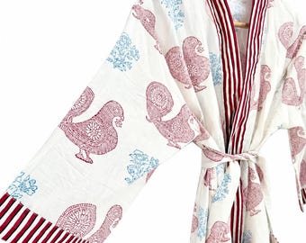 Handcrafted Peacock Block Print Cotton Robe, Women's Kimono Dressing Gown