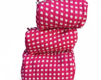 Hot Pink Gingham Quilted Toiletry Bag Set – Cotton Checkered Makeup Pouch