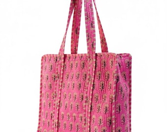 Handmade Pink Floral Cotton Quilted Tote – Indian Block Print