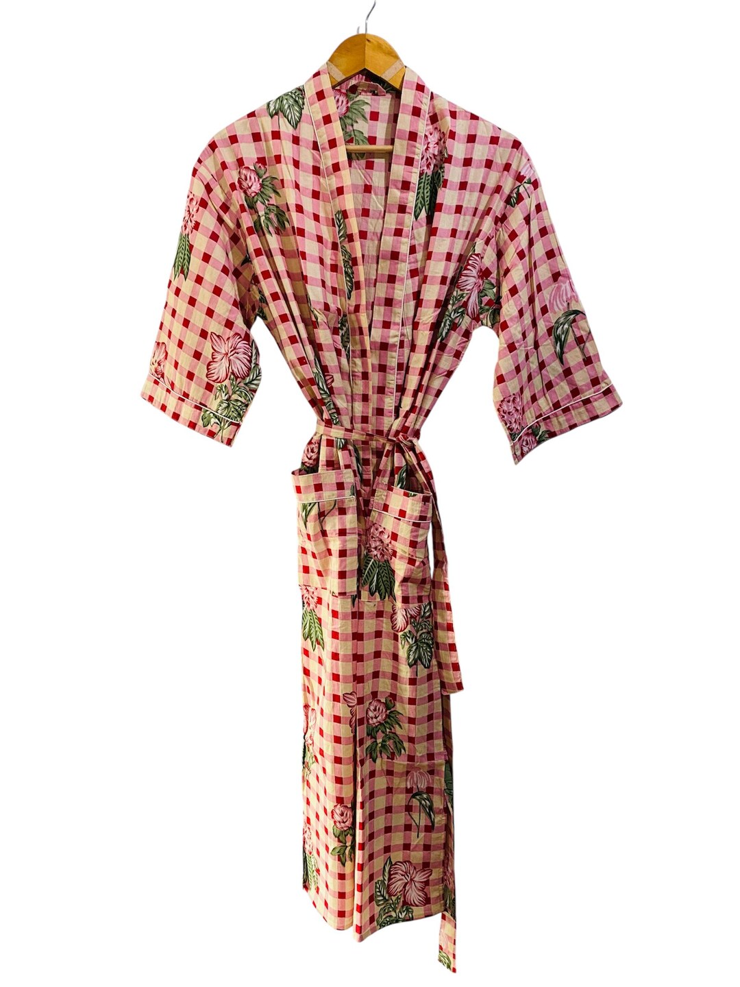 Floral Gingham Cotton Wrap Robe, Handmade Boho Lounge Gown - Etsy