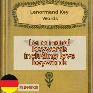 Könnte beinhalten: Buchcover mit dem Text "Lenormand Key Words" in einem goldenen Rahmen. Darunter wird der Text "Lenormand keywords including love keywords" angezeigt. Das Cover hat einen gelben Hintergrund mit vertikalen Streifen und eine deutsche Flagge.