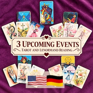 Könnte beinhalten: Eine Sammlung von Tarot- und Lenormandkarten, die um ein zentrales Schild mit der Aufschrift 3 UPCOMING EVENTS TAROT AND LENORMAND READING angeordnet sind. Die Karten zeigen verschiedene Illustrationen wie eine Schlange und Blumen.