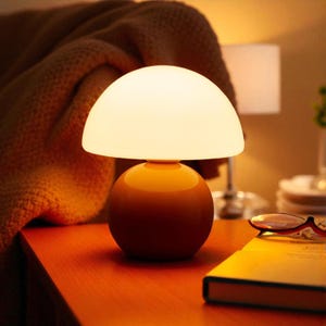 Orange Mushroom Table Lamp | Cute Mid Century Modern Bedside Lamp, Small Desk Light for Bedroom & Living Room Decor