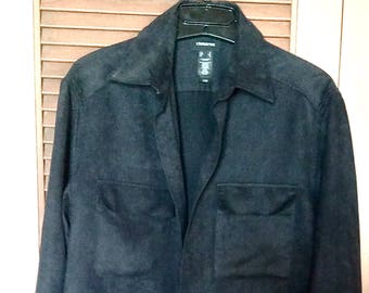 Poly Suede Shirt Jacket, Black Faux Suede, Vintage Claiborne, Medium, Long Sleeves, Washable 100% polyester