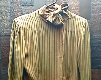 Rare Anne Klein Designer Uniquely Tailored, Vintage Striped Beige/Brown Silk Blouse/ 1970s, Medium - Large