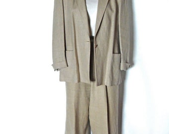 Clasic I Magnin, David Lohman Design, Linen Pantsuit, Size US 14, Tailored Vintage business suit