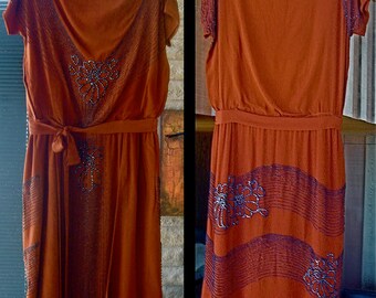 Authentic Original 1920s Great Gatsby Art Deco Flapper Burnt Orange Crepe Dress Heavily Beaded