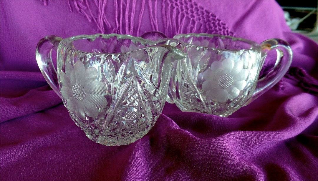 Antique Crystal Cut Glass American Brilliant Cream & Sugar Set, Daisy
