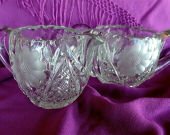 Antique Crystal Cut Glass American Brilliant Cream & Sugar Set, Daisy/Cross-hatch pattern Mint Mother's Day, Wedding