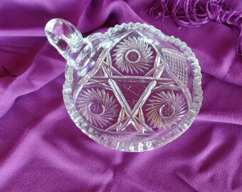 American Brilliant Era Cut Glass Crystal 6" Shallow Bowl With Handle Pinwheel, Star Pattern, Mint