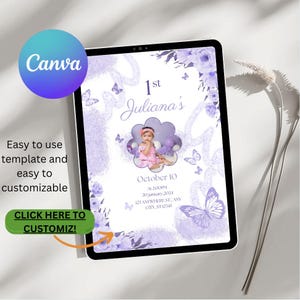 Aesthetic Purple Butterfly 1st Birthday Invitation | Editable Baby Girl Party | Floral Photo Invite | Digital Download Template