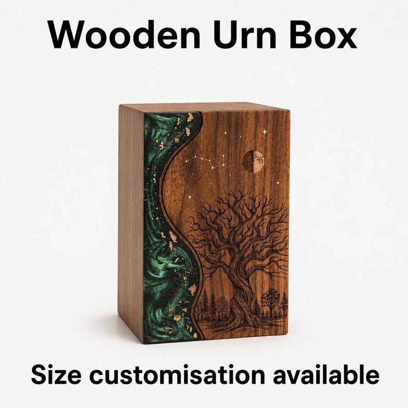 May include: A rectangular wooden urn box featuring a dark wood grain finish. The front panel displays a vertical, wavy inlay of swirling green resin with gold leaf accents, alongside a laser-engraved tree, forest, and moon constellation.