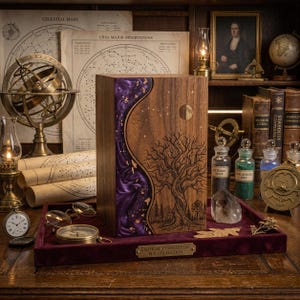May include: A rectangular wooden urn featuring a dark walnut finish with a vertical, wavy inlay of deep purple resin embedded with gold leaf flakes. The front panel displays a laser-engraved tree, a crescent moon, and star constellations.
