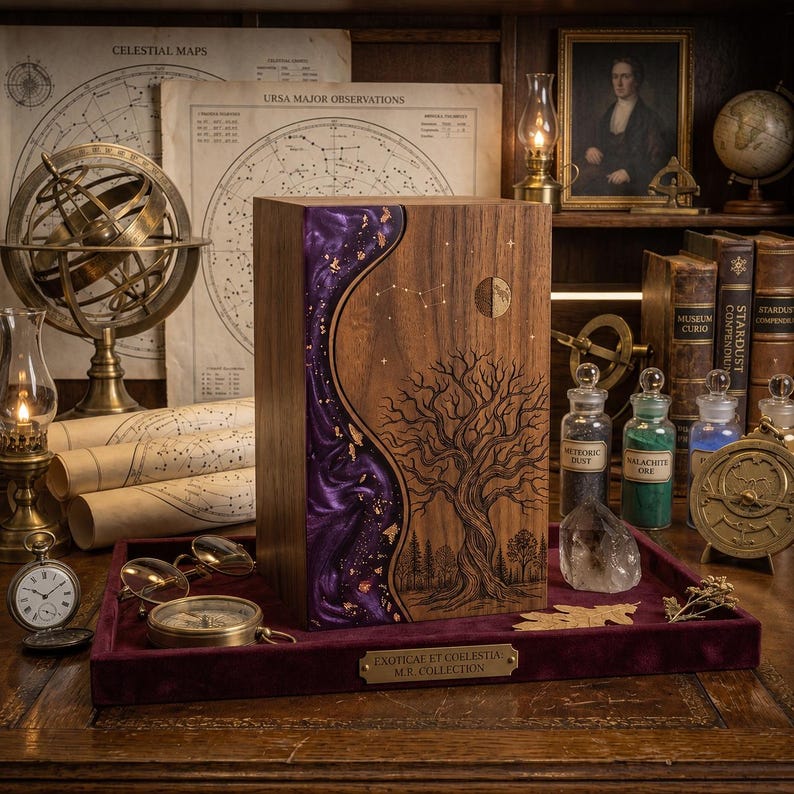 May include: A rectangular wooden urn featuring a dark walnut finish with a vertical, wavy inlay of deep purple resin embedded with gold leaf flakes. The front panel displays a laser-engraved tree, a crescent moon, and star constellations.