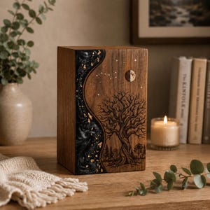 May include: A rectangular wooden urn featuring a dark, wavy resin inlay on the left side with gold leaf accents. The right side displays a laser-engraved detailed tree, a small moon, and a constellation of stars against the natural wood grain.