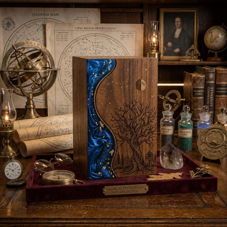 May include: A rectangular wooden urn featuring a vertical wavy inlay of blue resin with gold leaf accents. The wood surface displays a laser-engraved tree and moon design. A metal plaque at the base reads EXOTICAE ET COELESTIAE M.R. COLLECTION.