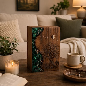 May include: A rectangular wooden urn featuring a dark walnut finish on one side with an engraved tree and moon design, and a contrasting wavy section of deep green resin embedded with gold flakes on the other side, standing upright.