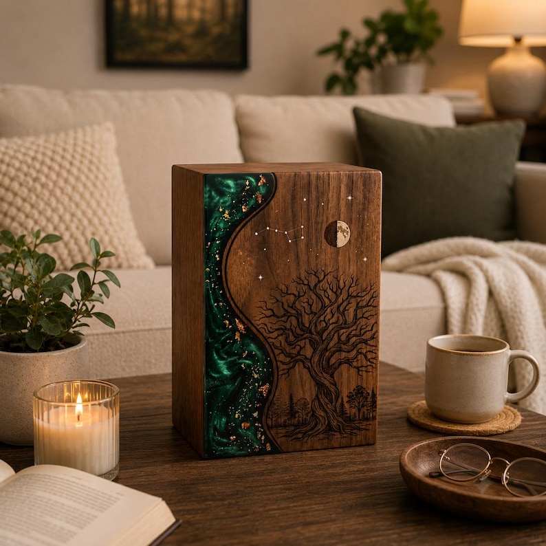May include: A rectangular wooden urn featuring a dark walnut finish on one side with an engraved tree and moon design, and a contrasting wavy section of deep green resin embedded with gold flakes on the other side, standing upright.