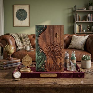 May include: A rectangular wooden display box featuring a dark walnut finish with a laser-engraved tree and constellation design. The left side has a flowing green resin accent with gold leaf flakes. A brass plaque reads EXOTICAE ET COELESTIA M.R. COLLECTION.
